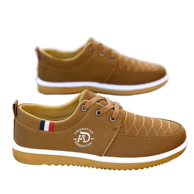 Men's black canvas casual shoes with leather toe cap and non-slip platform sole.