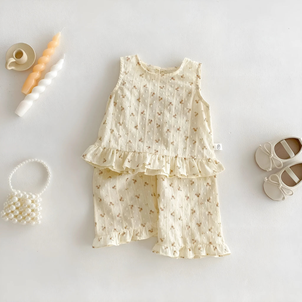 Children's cream apricot cotton sleeveless top and casual pants two-piece set for heights 73-120 cm