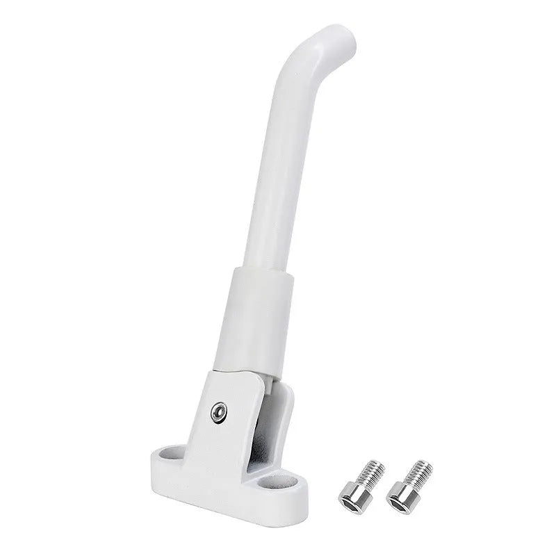 Aluminium alloy electric scooter foot brace accessory in black, white, and grey colours with screws and hex wrench.
