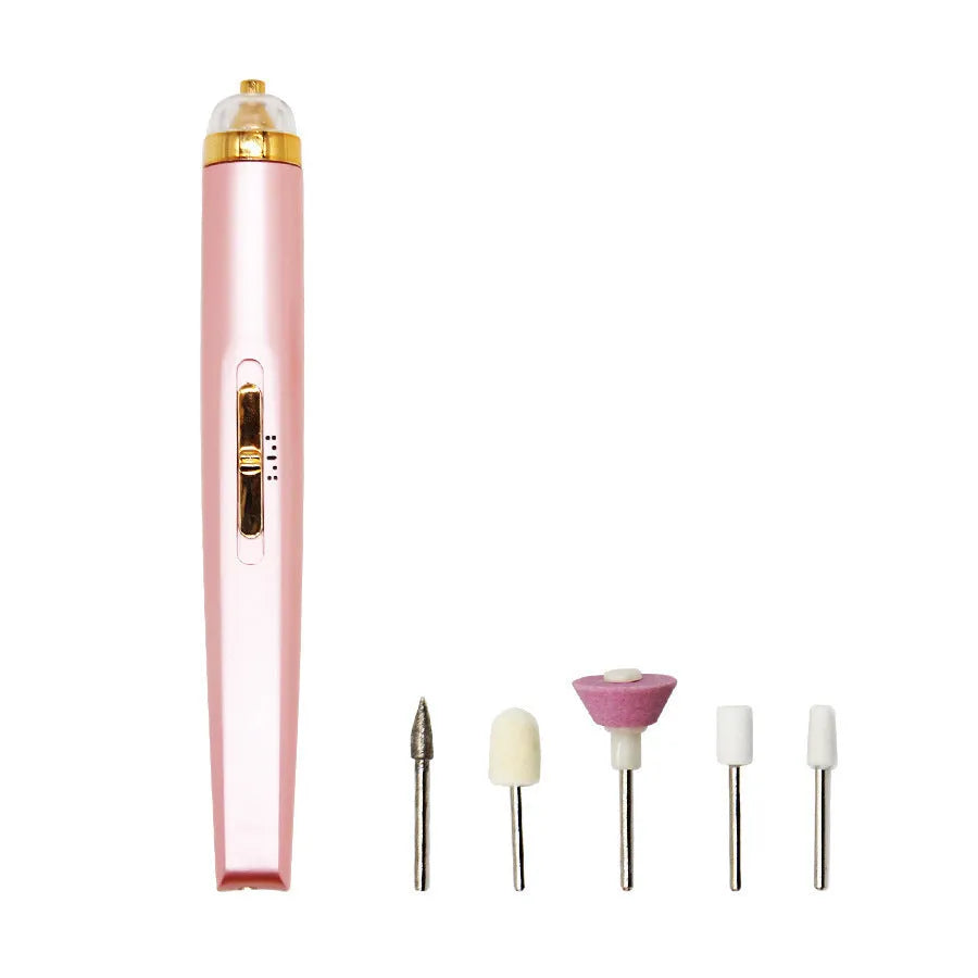 5in1 cordless USB electric nail drill set with LED light, five abrasive heads, and rechargeable battery in pink