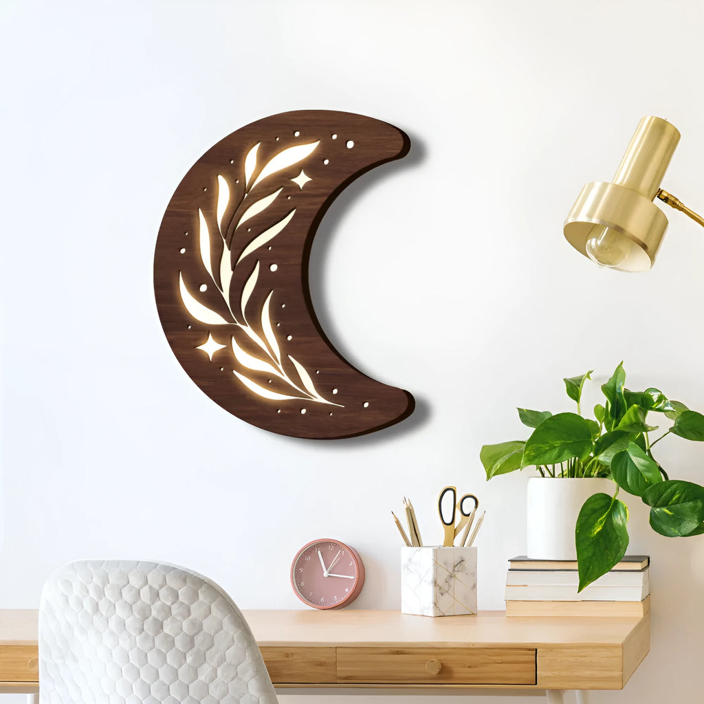 Bohemian style wooden leaf crescent pendant lamp with basswood construction