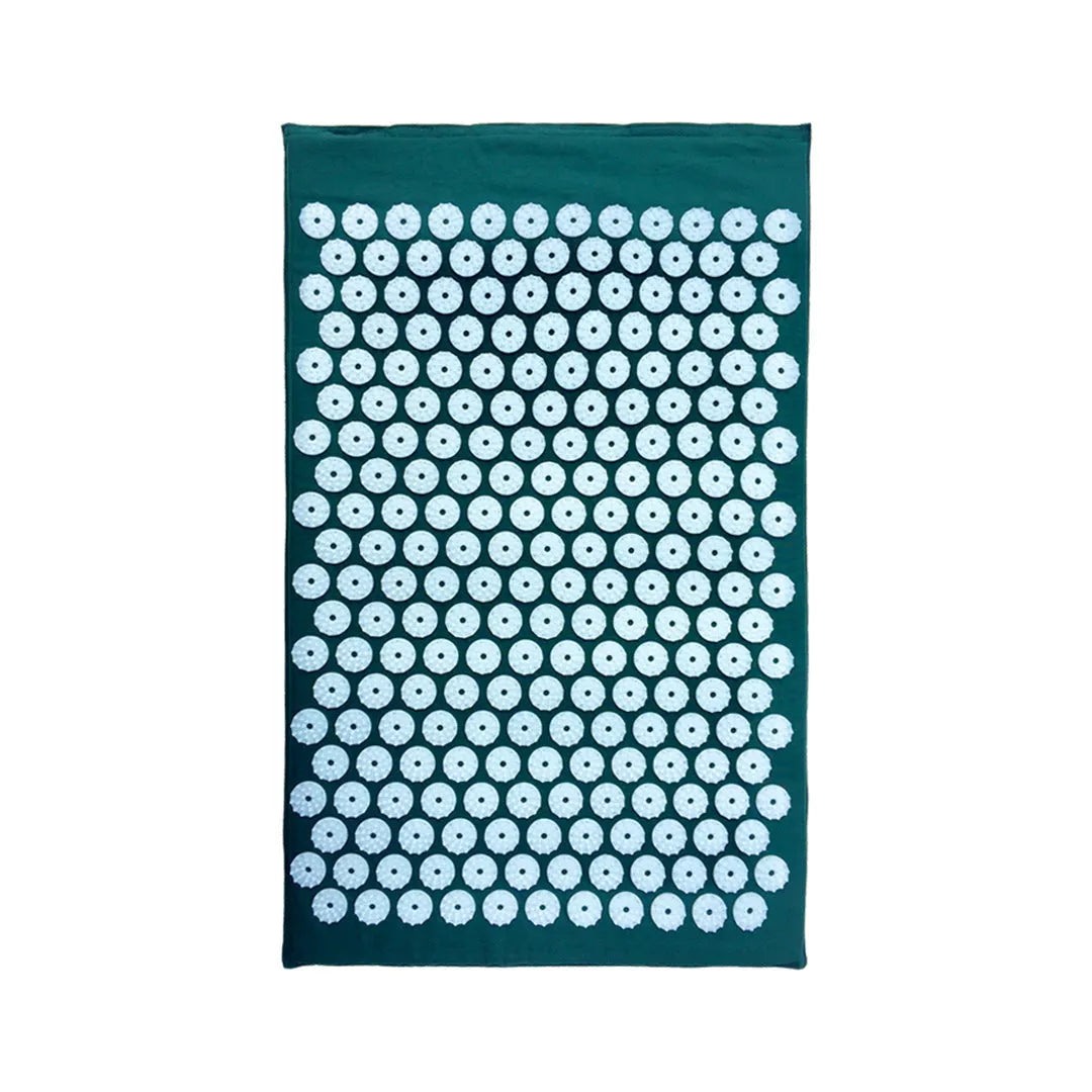 Acupuncture massage mat yoga mat set with black and blue cushion and headrest on floor