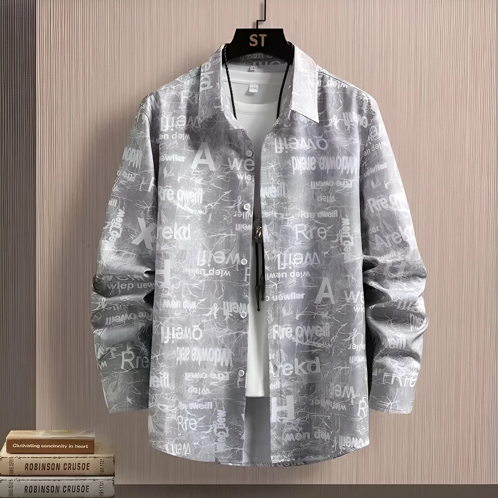 Men's long sleeve shirt with letter print in a street trend style, available in sizes L M XL XXL XXXL