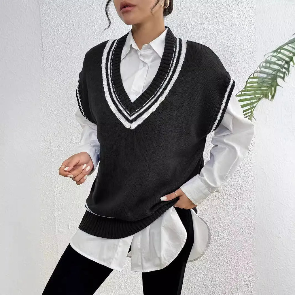 Women's casual wool vest sweater in loose fit free size design showing college style pullover in black blue coffee colour options