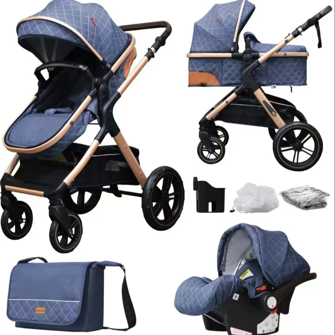 Lightweight folding baby cart with iron pipe frame, sit and lie positions, 15kg capacity, in khaki colour
