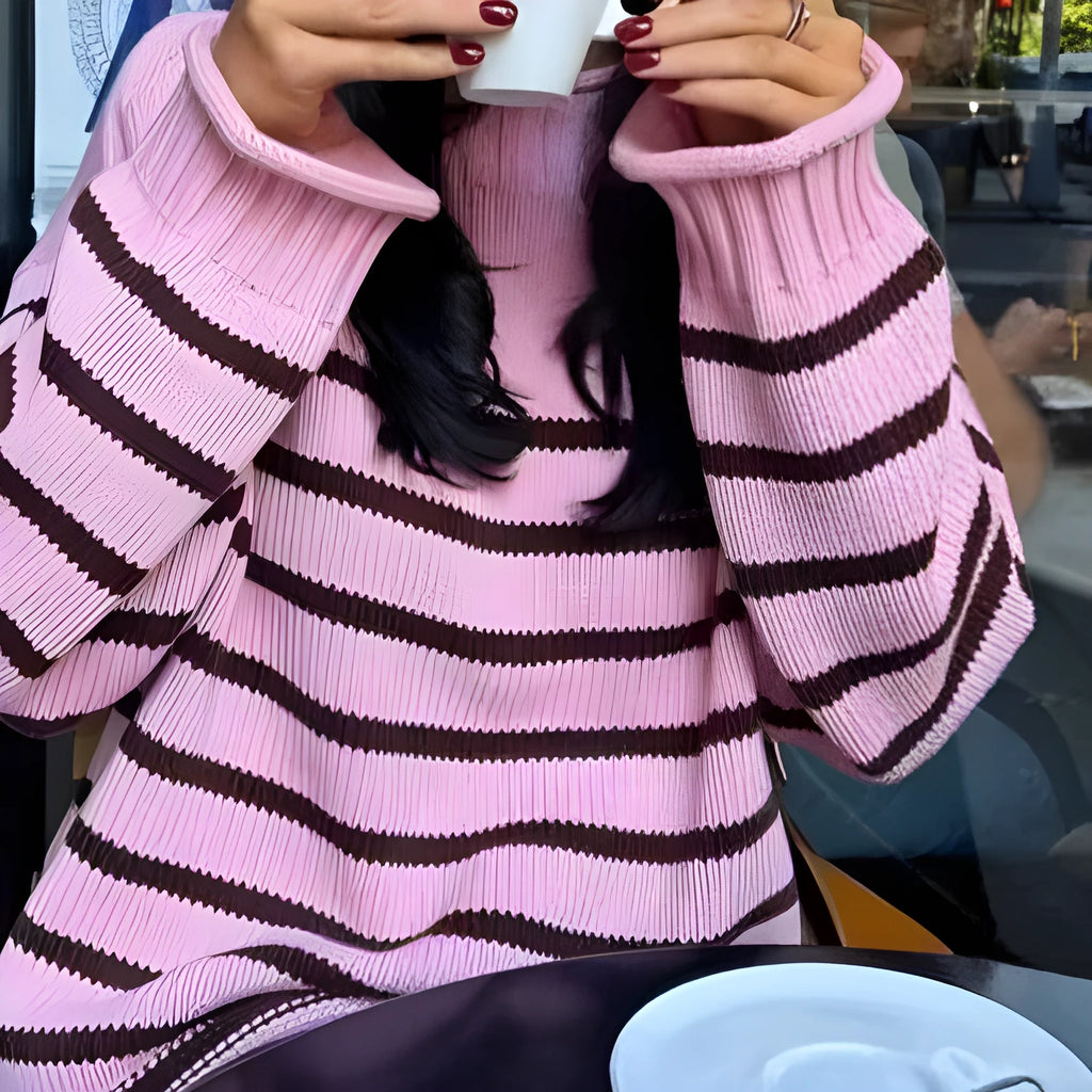 Pink chenille stripe knitted pullover loose fit women's sweater with round neck and long sleeves on white background