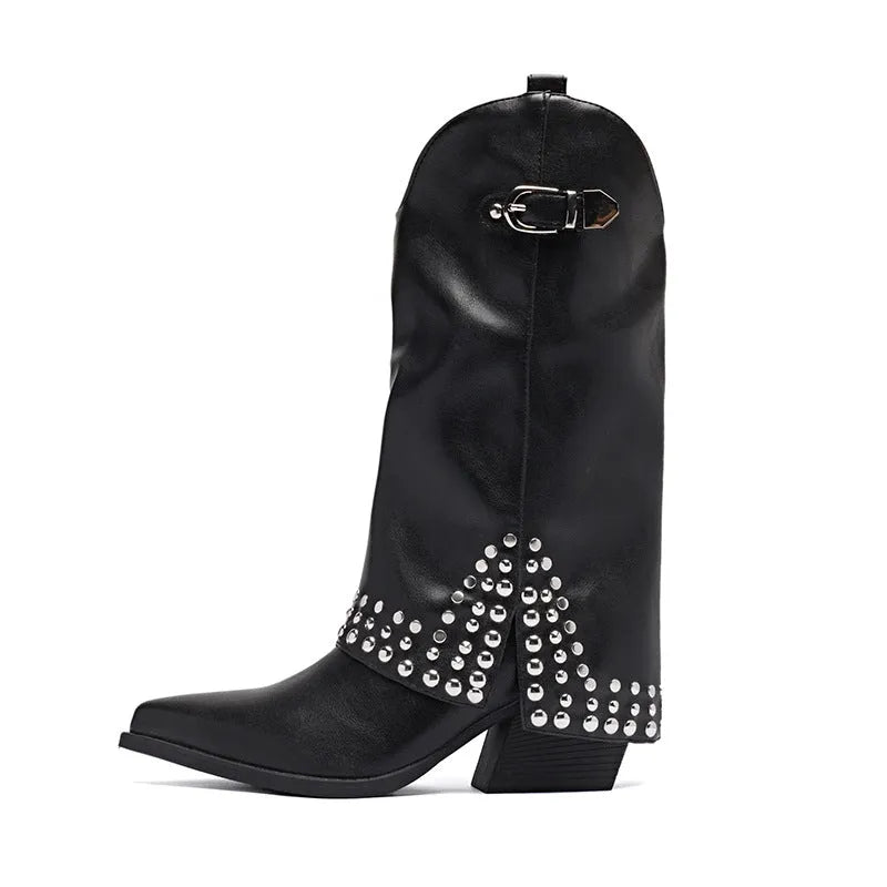Women's pointed knight boots in suede with mid heel, black leather colour, side view