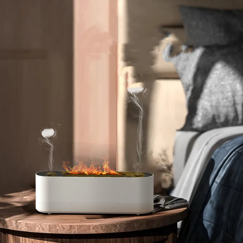 Black or white ultrasonic humidifier and aroma diffuser with LED lights creating flame mist effect.