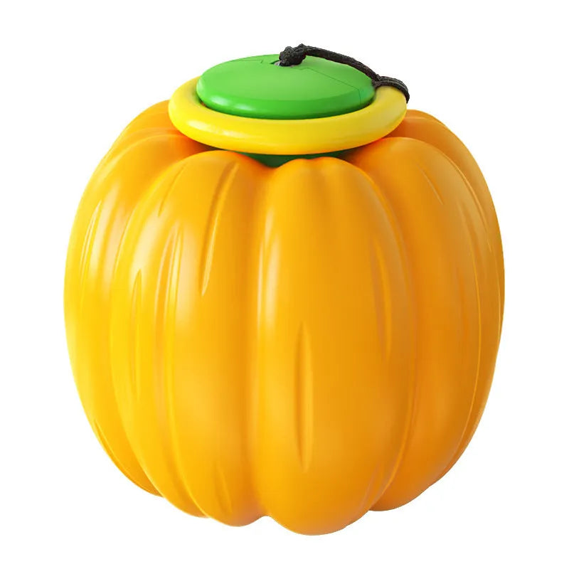 Green, orange, and yellow plastic pumpkin-shaped dog chew toy with squeaker for small dogs.