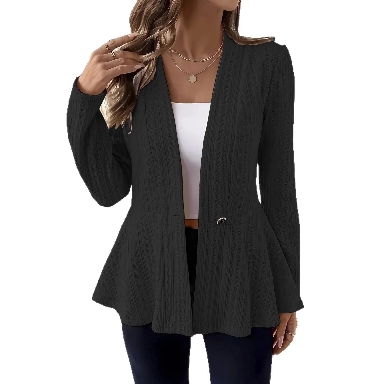 Women's apricot jacquard patterned knitted cardigan with one-button fastening