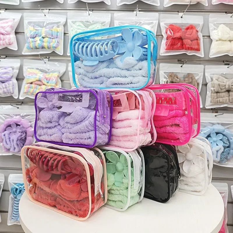 16 bow-shaped plaid washing face hair bands in multiple colours with a wrist strap on a white background