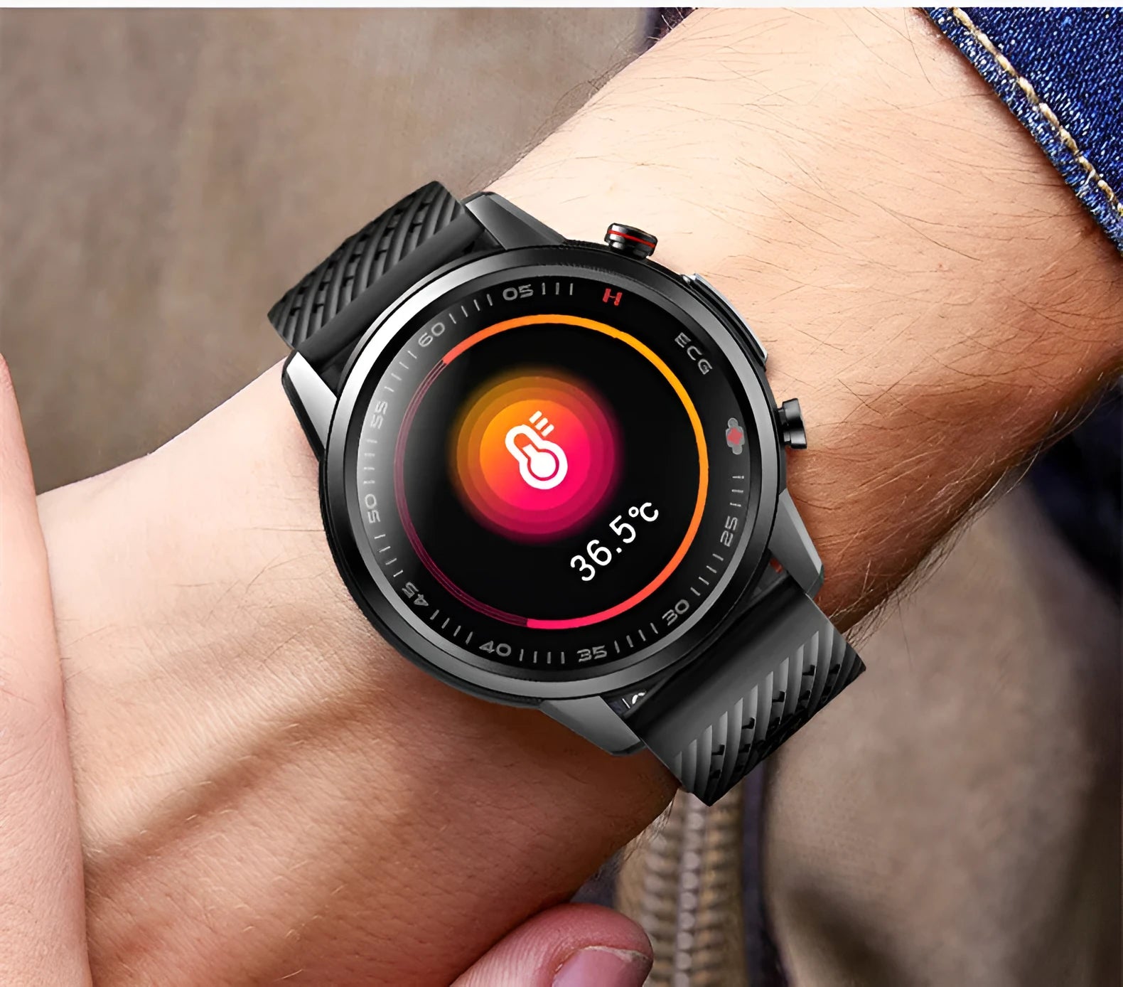 F800 ECG blood pressure sports smart watch with 1.3 inch screen, black TPU strap, touch and button controls