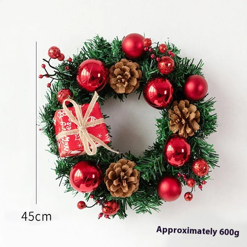 DIY rattan Christmas wreath ring door hanging decoration with red gift bag garland, PVC material, 25cm size