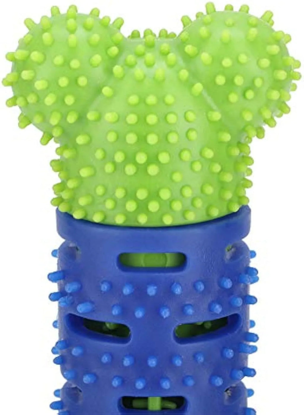 Blue green silicone dog dental cleaning stick chew toy with brush head texture, measuring 25 cm.