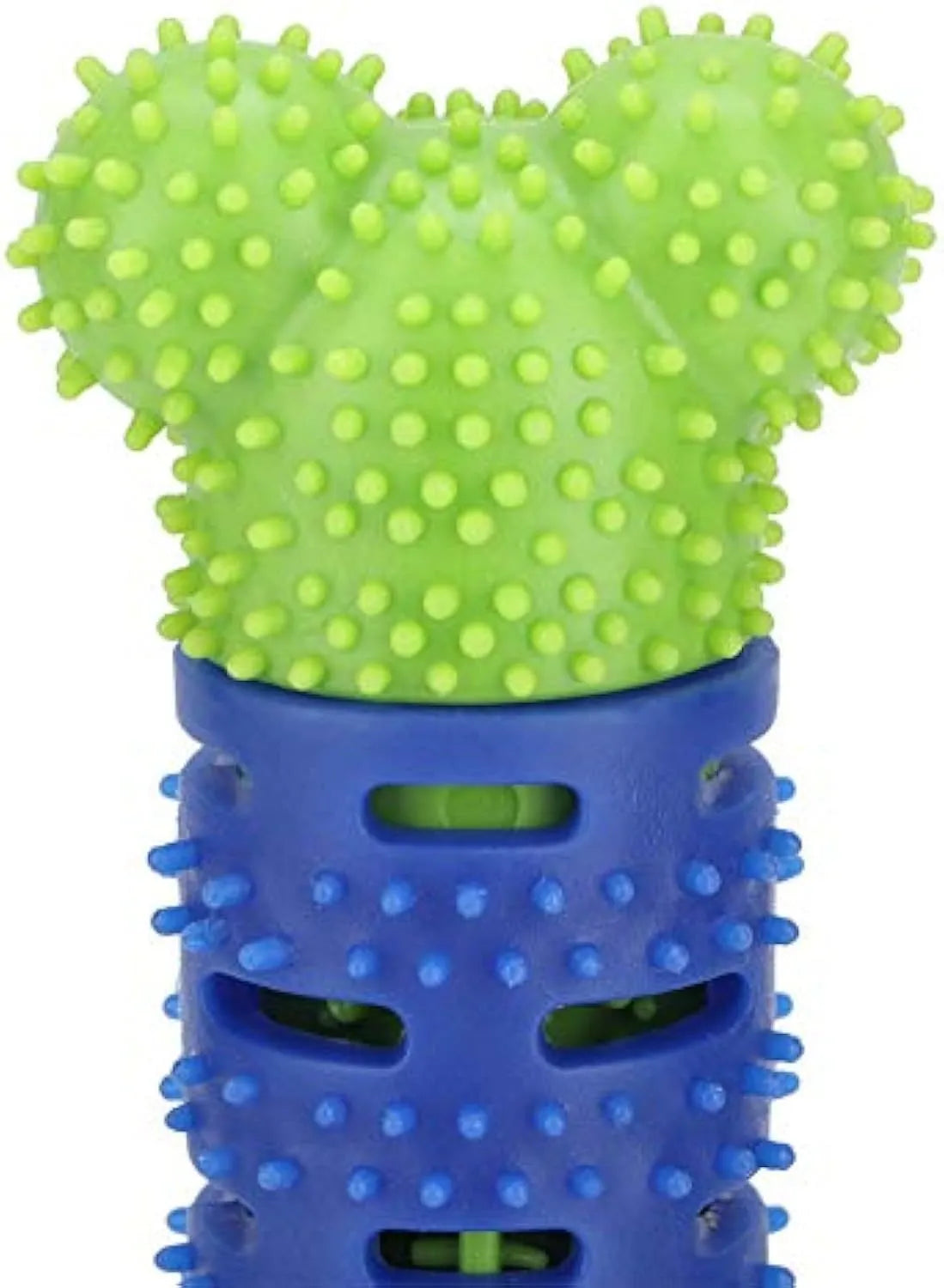 Blue green silicone dog dental cleaning stick chew toy with brush head texture, measuring 25 cm.