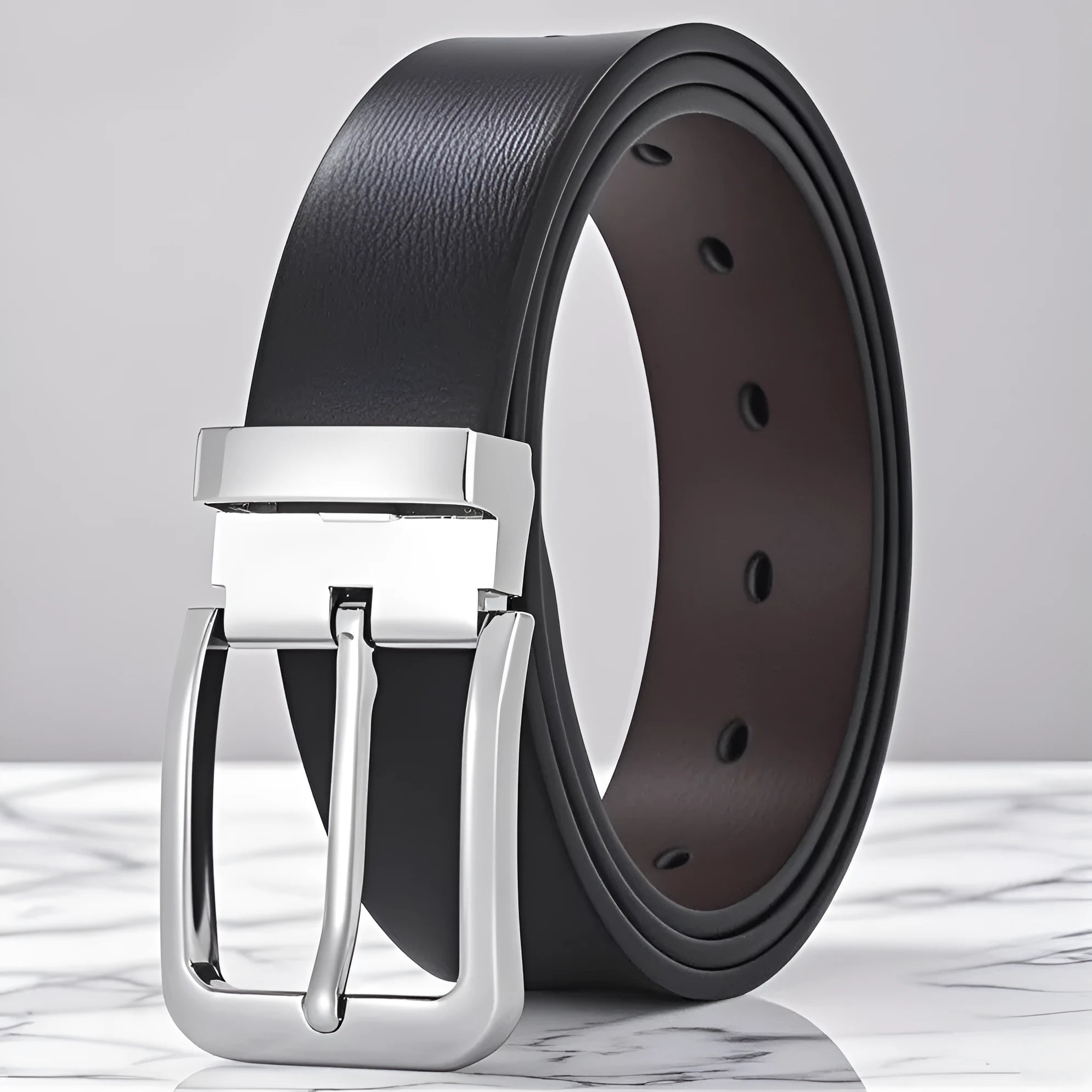 Men's brown leather belt with an alloy pin buckle showing embossed water pattern design.