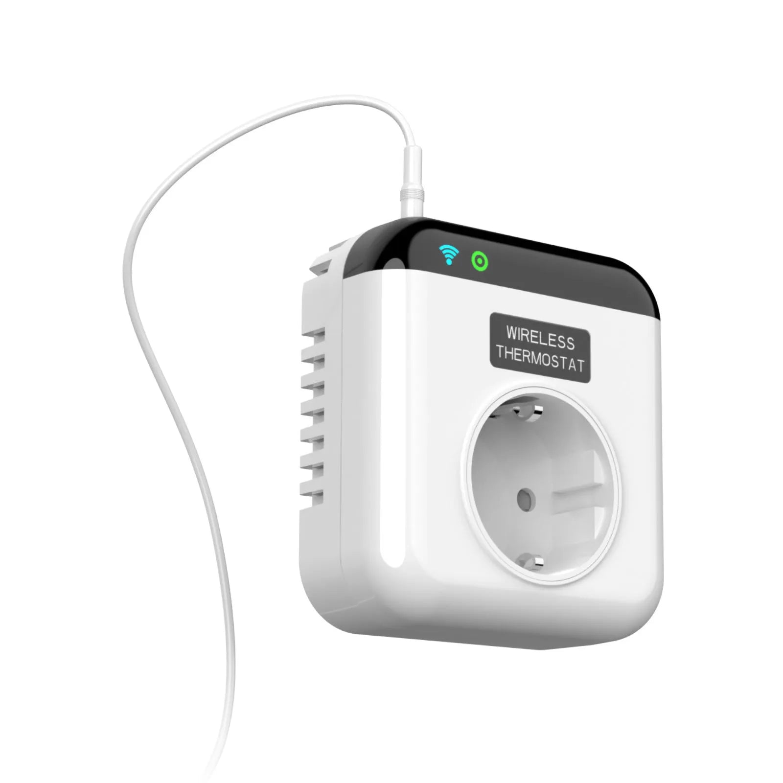 White smart socket with European 2-pin plug showing thermostatic and voice control functionality
