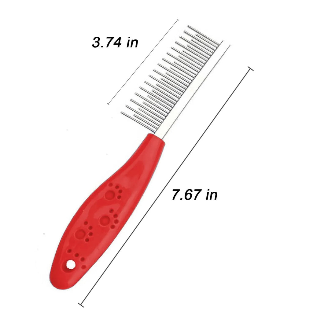 Red pet grooming comb with short and long stainless steel teeth for dematting knots and tangles