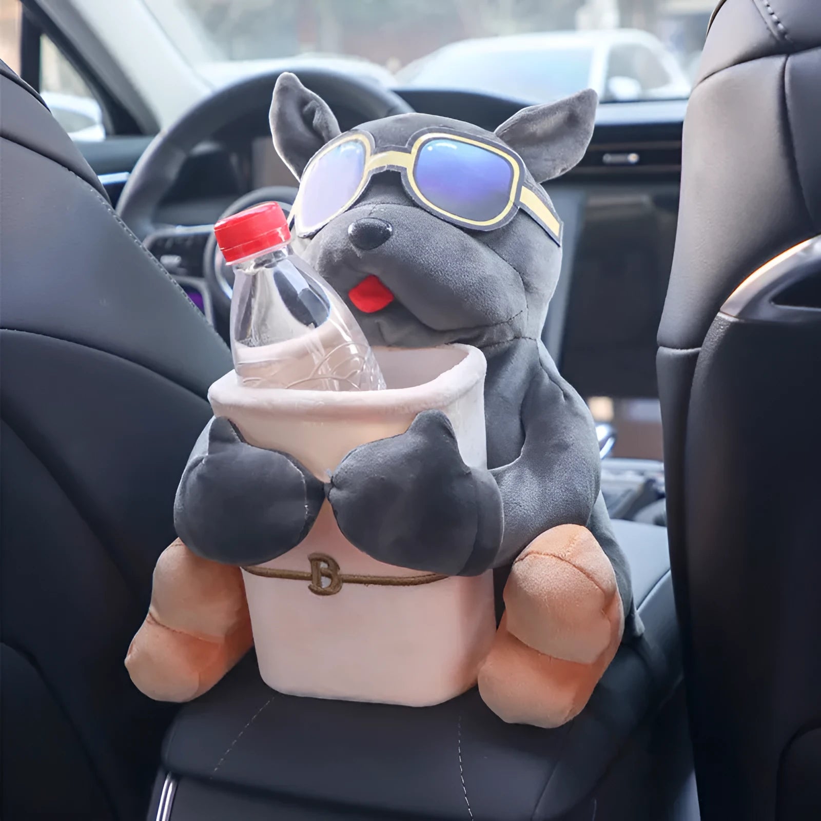 Plush car tissue box with creative dog design hanging on flip armrest box, 27x33cm
