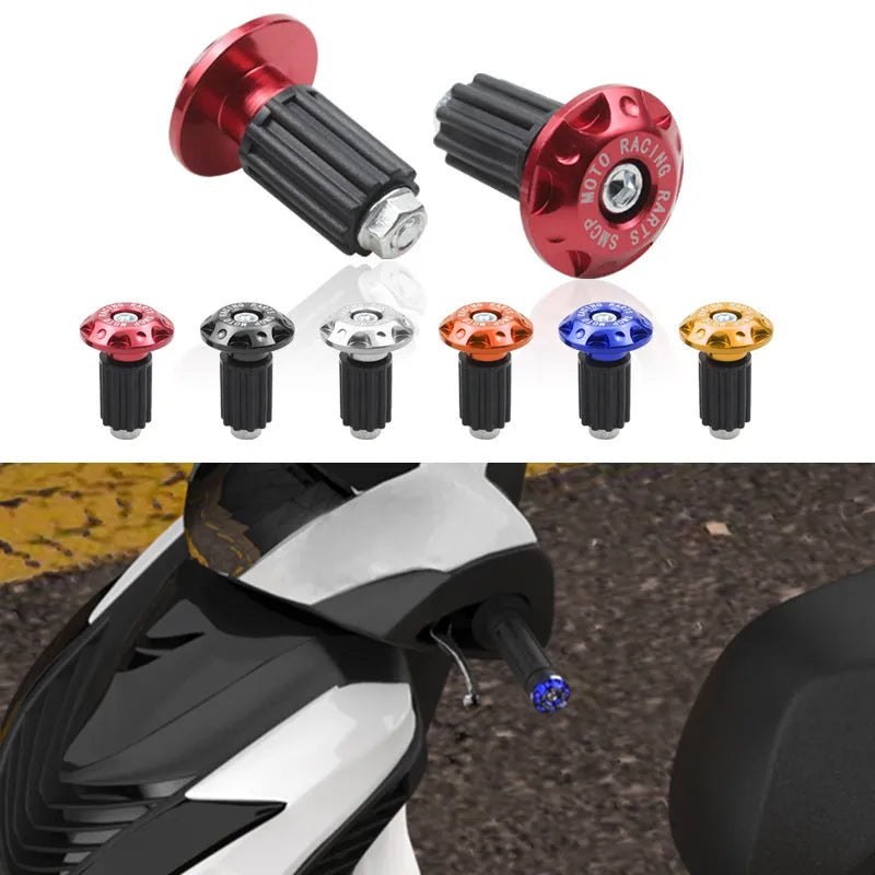 Set of metal motorcycle handlebar end plugs in six anodised colours: black, blue, red, gold, silver, orange