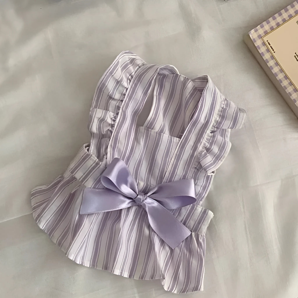 Purple dog dress with thin vest, bowknot and stripe skirt, sizes XS to XXL for small to large dogs