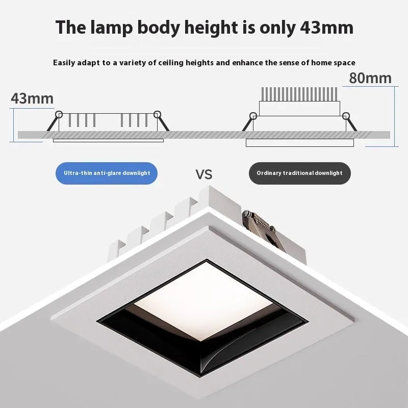 LED ultra-thin square downlight recessed in ceiling grid grille, aluminium shell, side view of flush mount installation