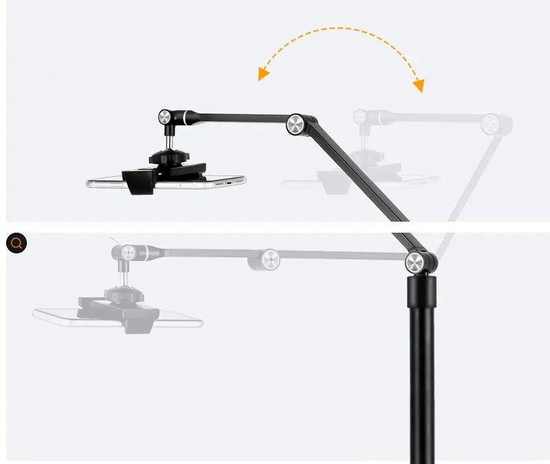 Black floor-standing mobile phone tablet stand with fill light and folding rotation mechanism