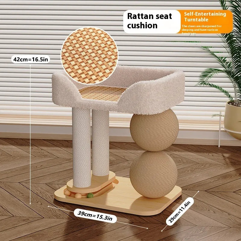 Pine wood cat scratching post and bed with sisal surface and a removable summer sleeping mat.