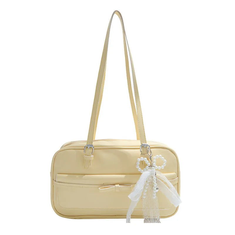 PU leather single shoulder flap bag in horizontal square shape with double straps and pearl bow decoration