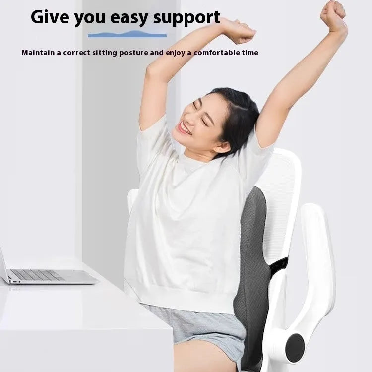 Grey ergonomic lumbar support cushion for an office chair, showing its 40x40x8cm size.