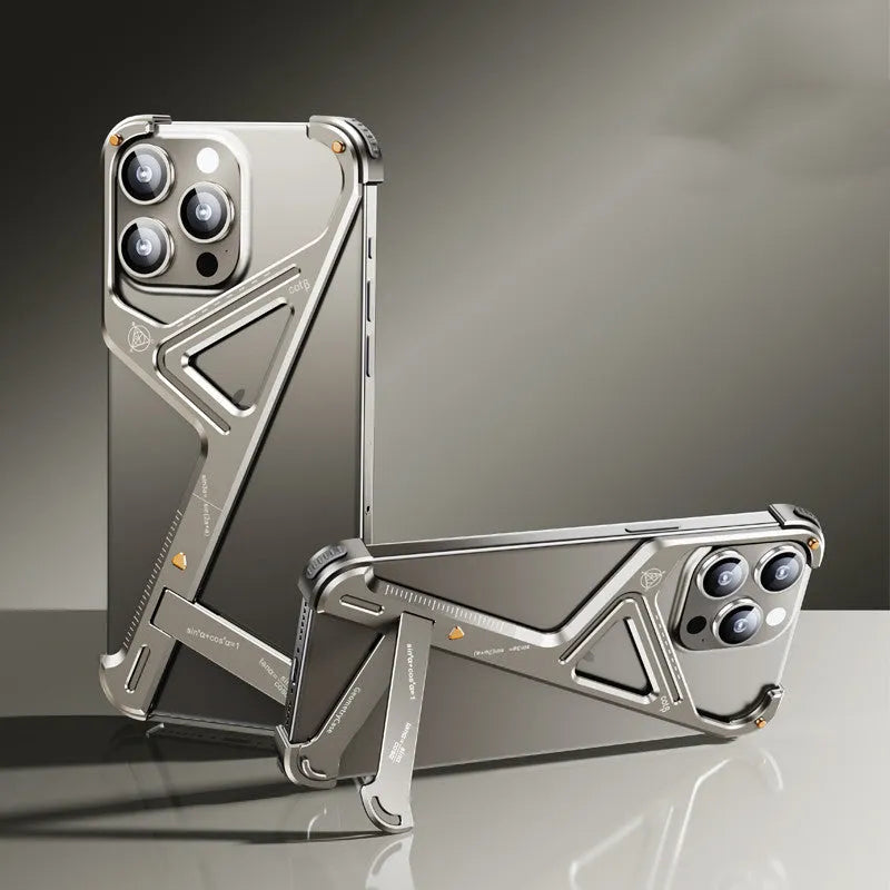 Metal borderless geometric phone case with built-in bracket for iPhone 15 Pro Max in silver