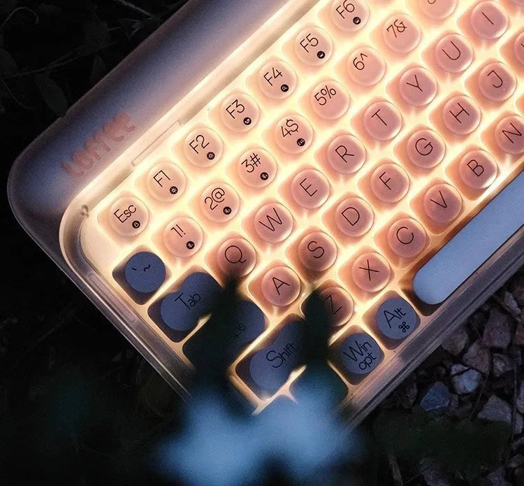 Liquid foundation wireless mechanical keyboard with matching mouse, calculator and desk lamp on office desk