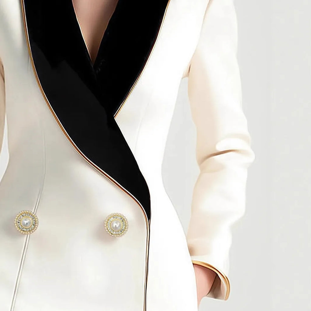 Women's beige long sleeve coat with golden pearl buttons and irregular hemline