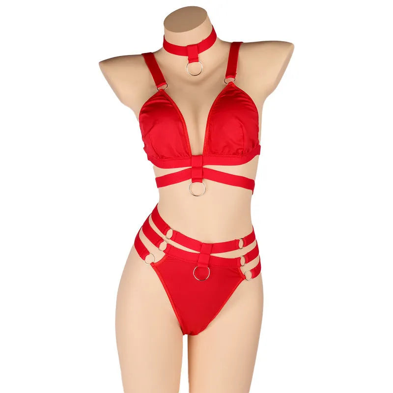 Women's bikini underwear set free size polyester nylon black blue red top and pants