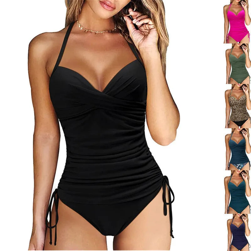 Women's black and leopard print separated bikini set with high-waist briefs.