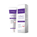 Collagen purple toothpaste tube on white background, 100g size, with ingredients list showing water, sorbitol, silica, bicarbonate, cellulose gum, decyl glucoside, hydrolyzed collagen