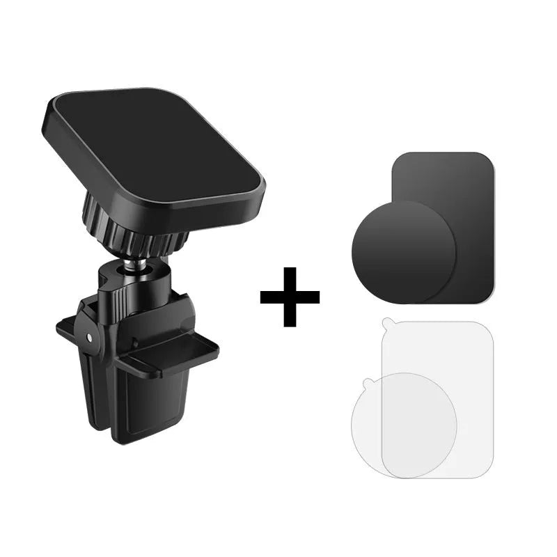 Black magnetic car phone holder attached to a vehicle air vent, showing round head design.