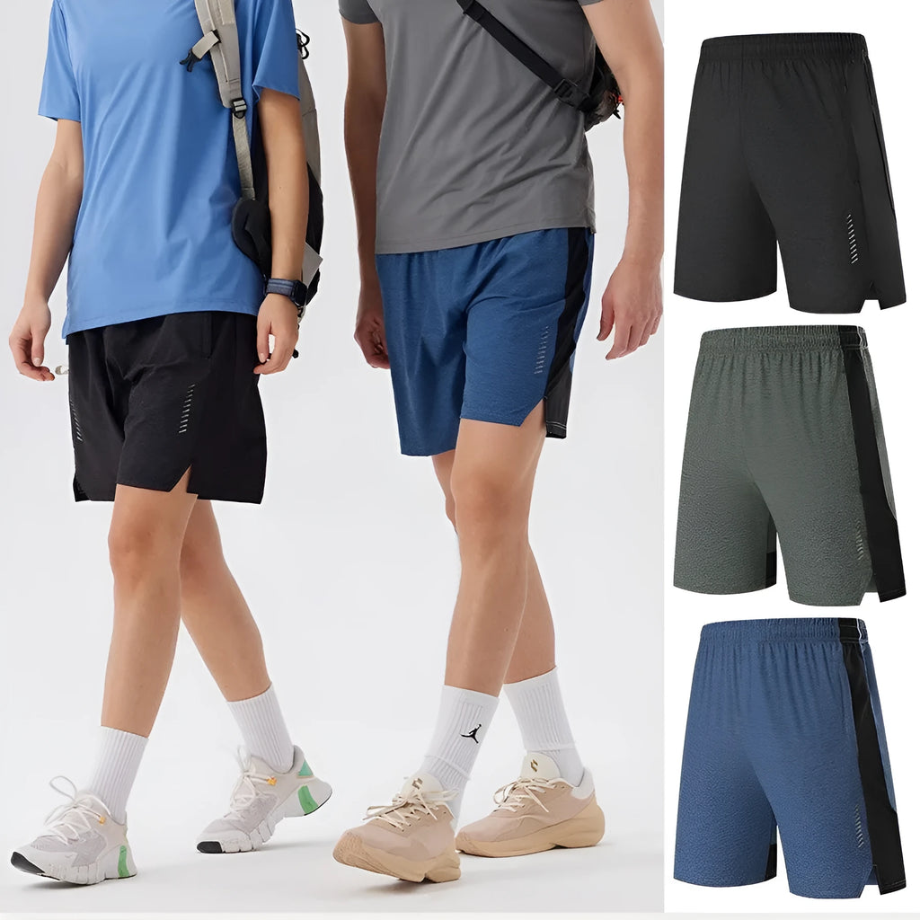 Men's forest green spandex casual shorts with a mid-waist fit on a grey background.