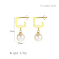 Women's gold titanium steel C-shaped earrings with pearl inlay flower design on white background