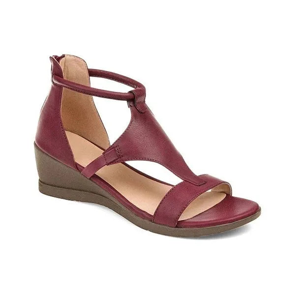 Summer wedges heel sandals casual women's Roman shoes back zipper artificial PU upper middle heel 3-5CM round toe plain pattern