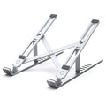 Silver aluminum alloy desktop laptop stand with adjustable height from 65mm to 95mm on a wooden desk