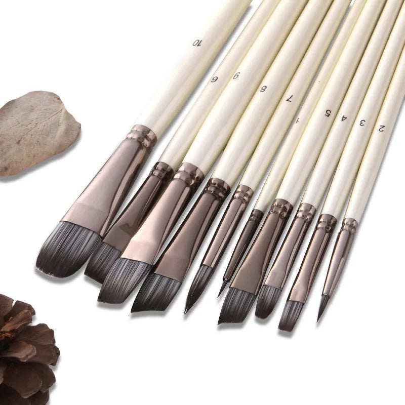 Set of 10 pearl white nylon watercolor brushes with wooden handles in PVC bag