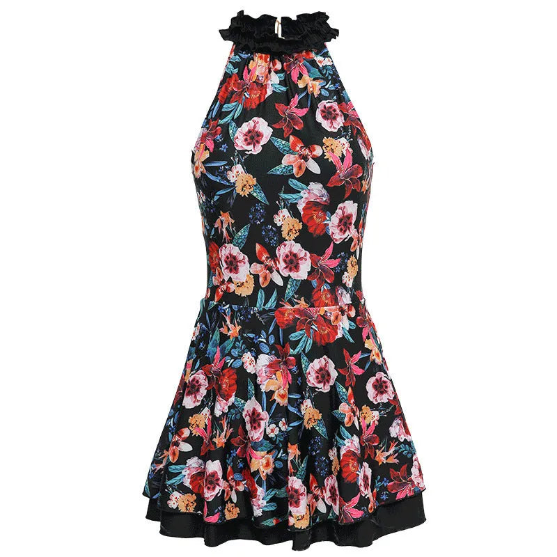 Sanqi one-piece swimsuit conservative lady black printed nylon for swimming and wading