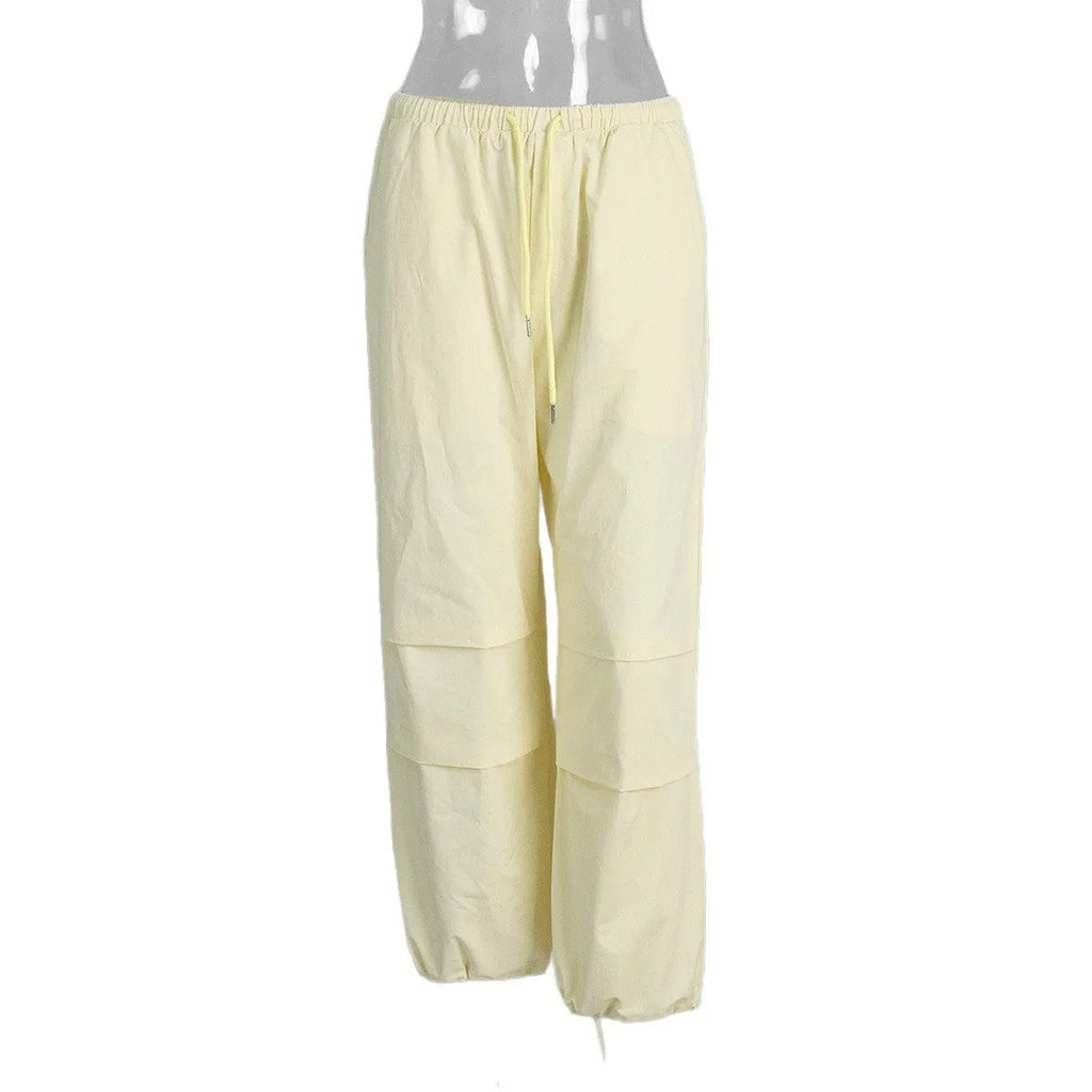 Women's yellow cotton drawstring straight leg loose casual trousers, mid waist, sizes S M L, European American style work clothes