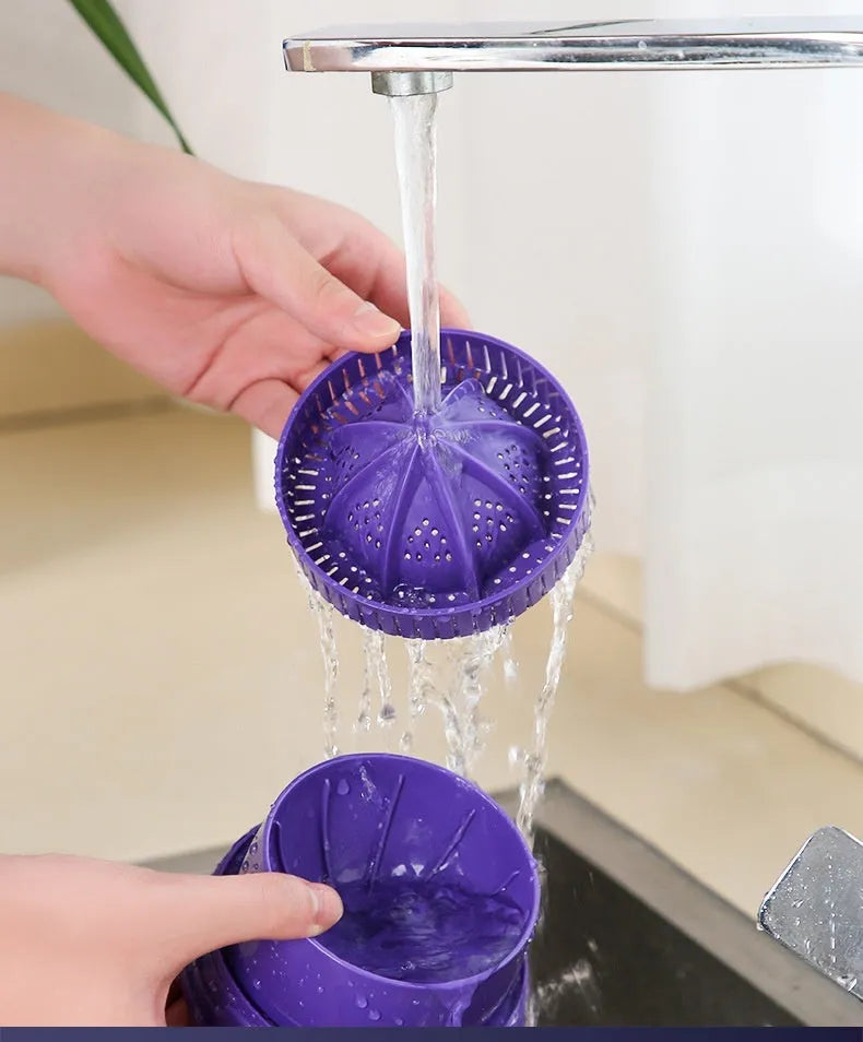 Purple USB rechargeable electric citrus juicer with cone-shaped reamer and 2400mAh battery
