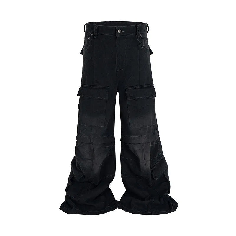 Detachable worn-looking cotton overalls with multi-pockets, in black or blue, for teenagers
