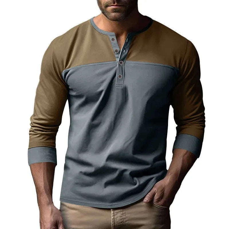 Henry collar casual long sleeve shirt in beaded twill polyester with colour matching details