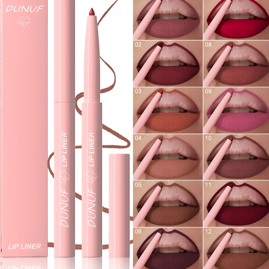 Velvet matte lip liner pencil in a set of 12 different colour shades
