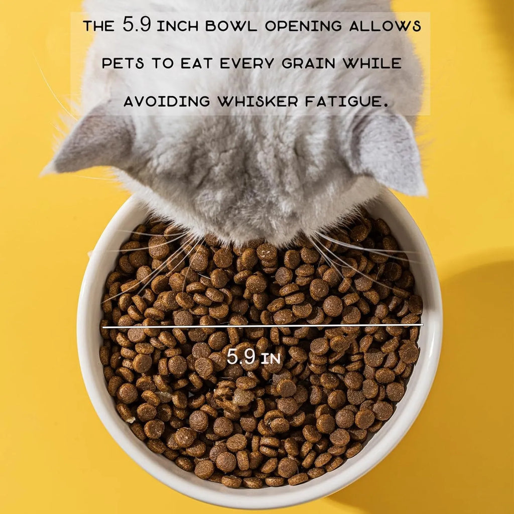 Raised ceramic cat food bowl in an animal theme design on a white background