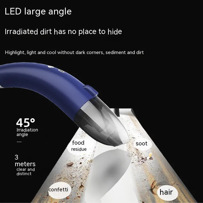 Handheld wireless car vacuum cleaner with USB charging cable shown in black colour